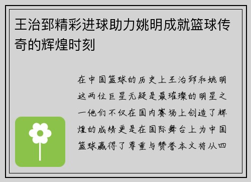 王治郅精彩进球助力姚明成就篮球传奇的辉煌时刻