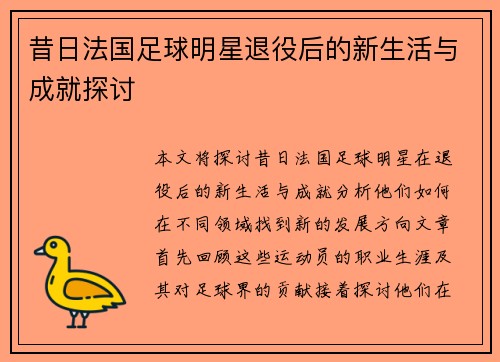 昔日法国足球明星退役后的新生活与成就探讨
